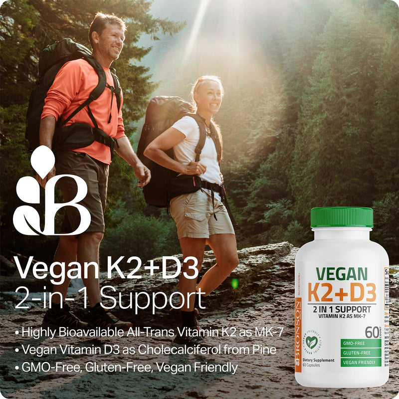 Bronson Vitamin K2+D3 Vegan 2 in 1 Support Vitamin K2 As MK-7, 60 Capsules | Vegan 2-in-1 Immune, Bone & Heart Health Support Formula, Gluten Free, Non GMO 60 Count (Pack of 1)