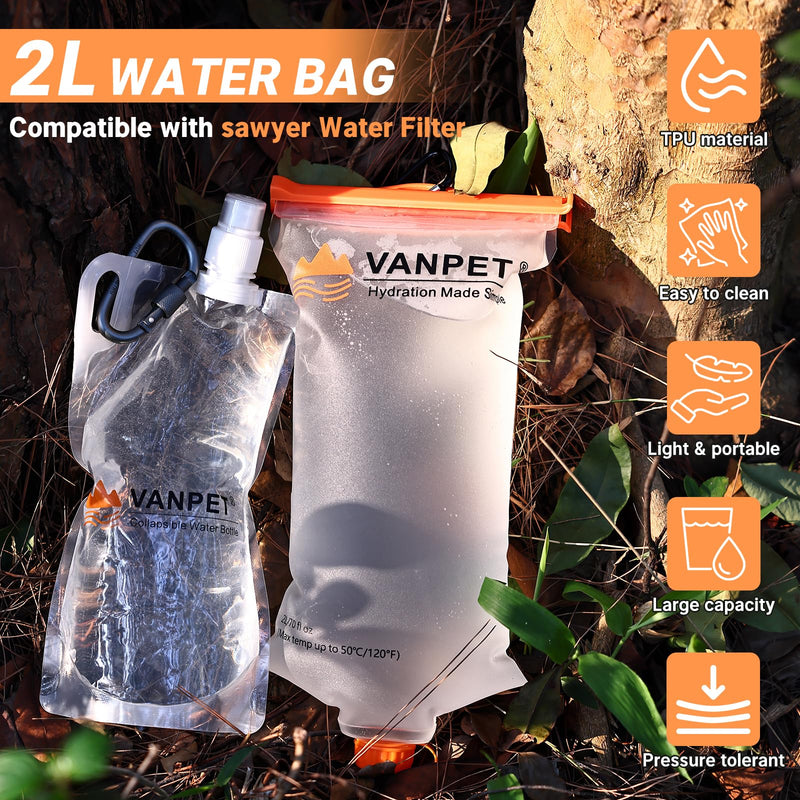 2L&1L Water Bag Compatible with Sawyer Squeeze Water Filter, Durable TPU Material, BPA & PVC Free Squeeze Pouch, Collapsible Hydration Canteens for Camping Hiking Cycling