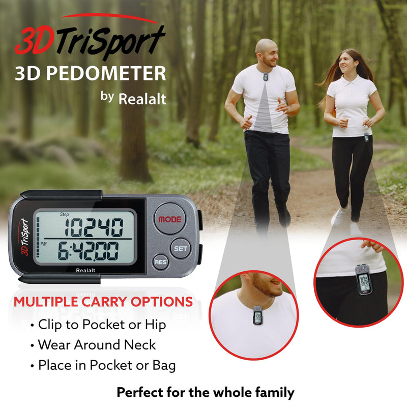 Realalt 3DTriSport 3D Walking Pedometer with Clip & Strap, Accurate Step Counter with 30-Day Memory, Distance in Miles/KM with Large Display Perfect for Seniors & Beginners, eBook Included One Size Grey - BeesActive Australia