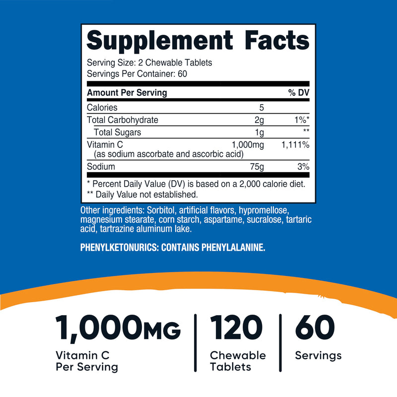 Nutricost Vitamin C Chewable (1,000mg) 120 Tablets, Vegan | GMO-Free, 60 Servings 120 Count (Pack of 1)