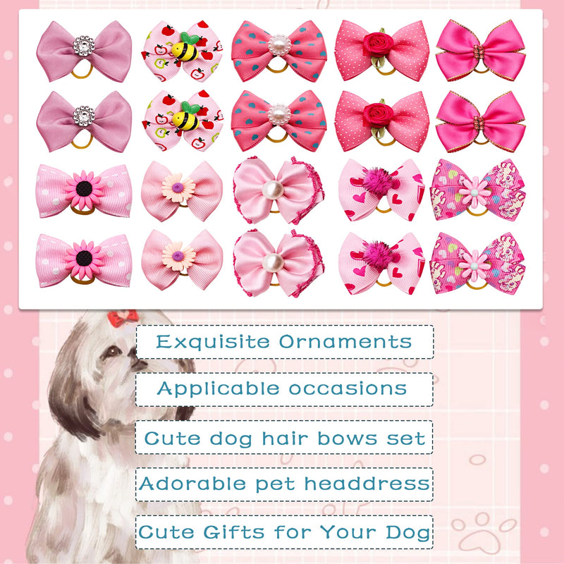 30PCS/15PAIRS Pink Dog Hair Bows with Rubber Bands Puppy Hair Bowknot Top Knot Elastic Radom Pattern for Girl Female Doggy Poodle Pet Animal Grooming Accessories Attachment - BeesActive Australia