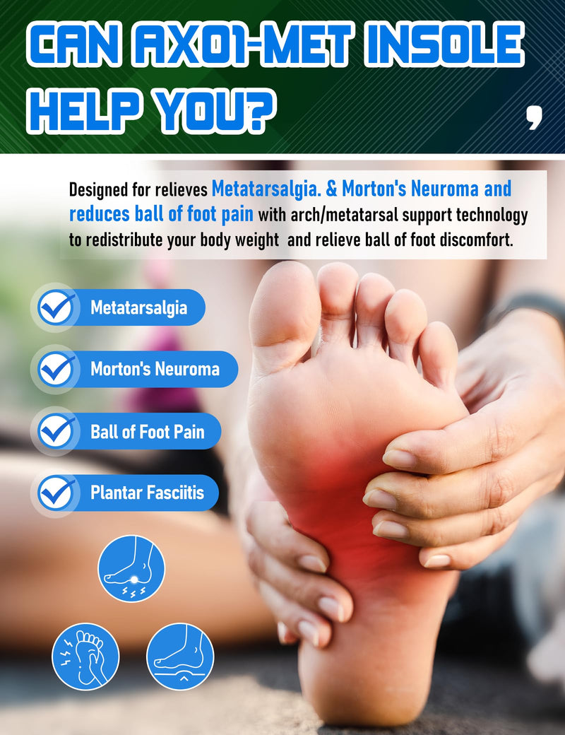 Orthotic Insoles with Metatarsal Pads, Plantar Fasciitis Arch Support Inserts for Metatarsalgia, Morton's Neuroma, Ball of Foot Pain Relief, Man Women Insoles for Standing All Day-F F(Men's 9.5-10.5 / Women's 10.5-11.5)--287mm Ax01-met（blue）