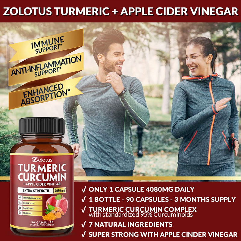 7 in 1 Turmeric Curcumin + Apple Cider Vinegar Capsules, Equivalent to 4080mg, 3 Month Supply with Ashwagandha, Ginger, Garlic Bulb, 95% Standardized Curcuminoids, Joint & Absorption Support - BeesActive Australia