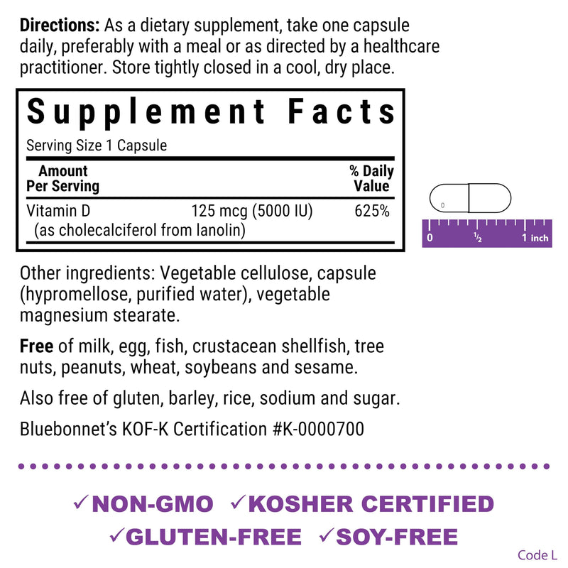 Bluebonnet Nutrition Vitamin D3 5000 IU Vegetable Capsule, Aids in Muscle & Skeletal Growth, Cholecalciferol from Lanolin, D3, Non GMO, Gluten Free, Soy Free, Milk Free, Kosher, 60 Count | Non-GMO, Vegetarian, Gluten-Free, Soy-Free Unflavored