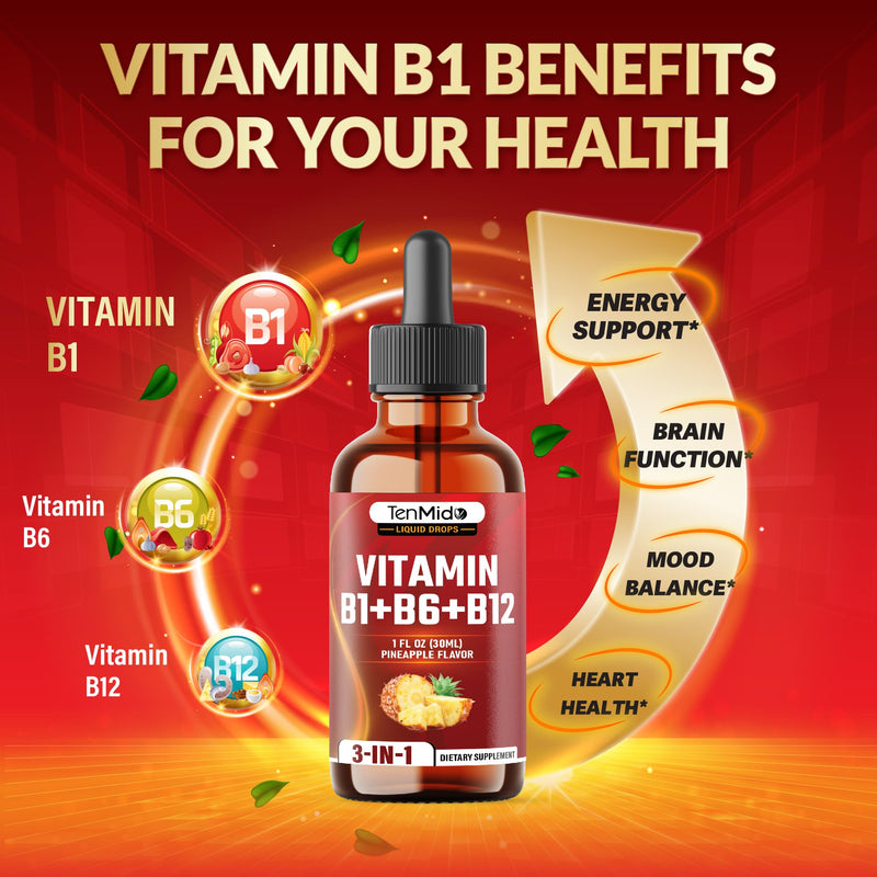 3-in-1 Vitamin B Complex Liquid Drops for Women & Men - with B1 Thiamine, B6 Pyridoxine, B12 Methylcobalamin - Alcohol-Free, Non-GMO - 30ml 1 Fl Oz