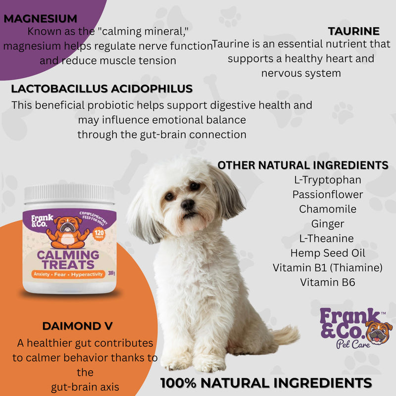 Frank & Co Calming Treats for Dogs – 120 Soft Chews with L-Tryptophan, L-Theanine, Magnesium, Chamomile, Passionflower, Hemp Seed Oil & Probiotics – Natural Daily Calm Support