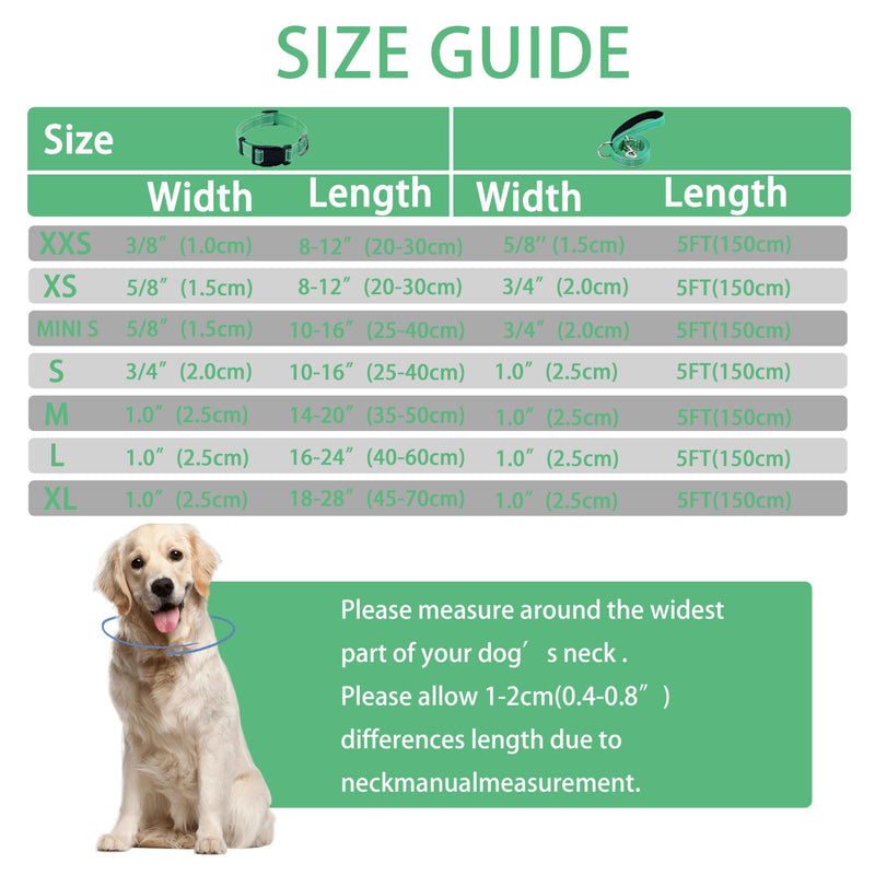 Reflective Dog Collar with Safety Locking Buckle, Adjustable Soft Breathable Nylon Collars for Small, Medium and Large Dogs(Collar+Leash XS Width 5/8" Turquoise) X-Small (Width 5/8") - BeesActive Australia
