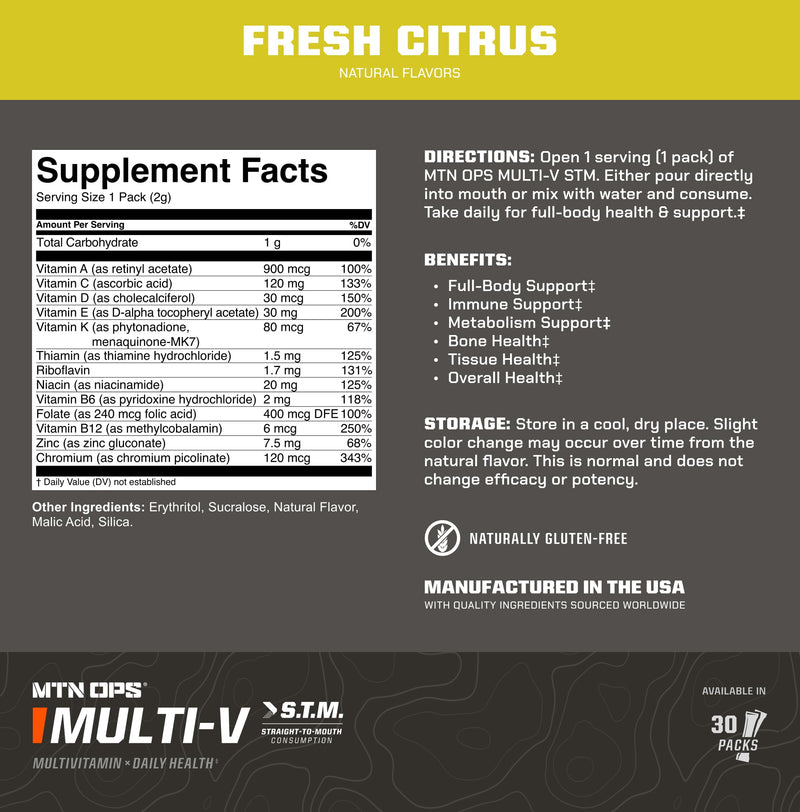 MTN OPS Multi-V STM On-the-Go Daily Multivitamin, 30 Servings | Straight-to-Mouth Multivitamin, Daily Vitamins, On-the-Go Nutrition, Travel Friendly Multi-Vitamins