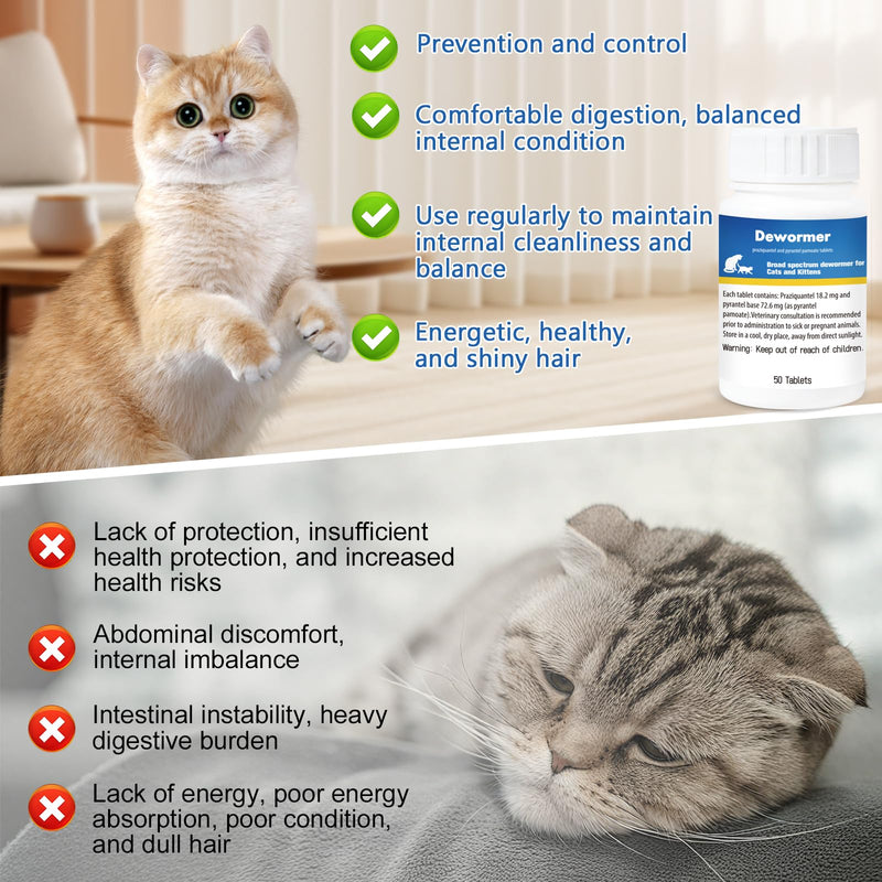 Broad-Spectrum Dewormer for Cats & Kittens, 50 Tablets, for Tapeworms, Hookworms & Roundworms