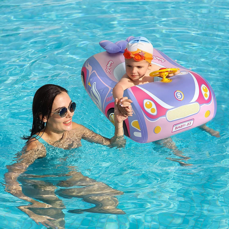 Baby Pool Float with 3D Car Design, PVC Baby Swim Float, Toddler Pool Float, Swimming Floats Seat Boat Pool Toys with Steering Wheel for 12-18, 12-24 Months, Age 2-3, 3+ Years Girl Boy Pink