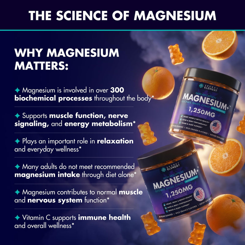 Secret Element Magnesium Glycinate 1250MG Gummies, High Absorption Magnesium Glycinate, Citrate & Malate, with Vitamin C, Sugar-Free, Vegan, Chews for Men & Women, 60 Gummies, Wild Orange Flavor 60 Count (Pack of 1)