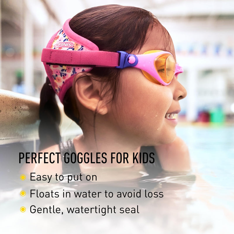 FINIS DragonFly Kids Swim Goggles - Ages 3-8 - UV Protection - Floating Neoprene Strap - Soft Silicone Fit - Flower Power - BeesActive Australia