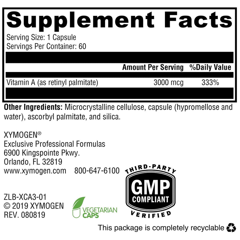 XYMOGEN Xcellent A 3000, 60 Capsules | Supports Immune Function, Cellular Health, and Mucosal Surfaces, Vitamin A as Retinyl Palmitate 60 Count (Pack of 1)