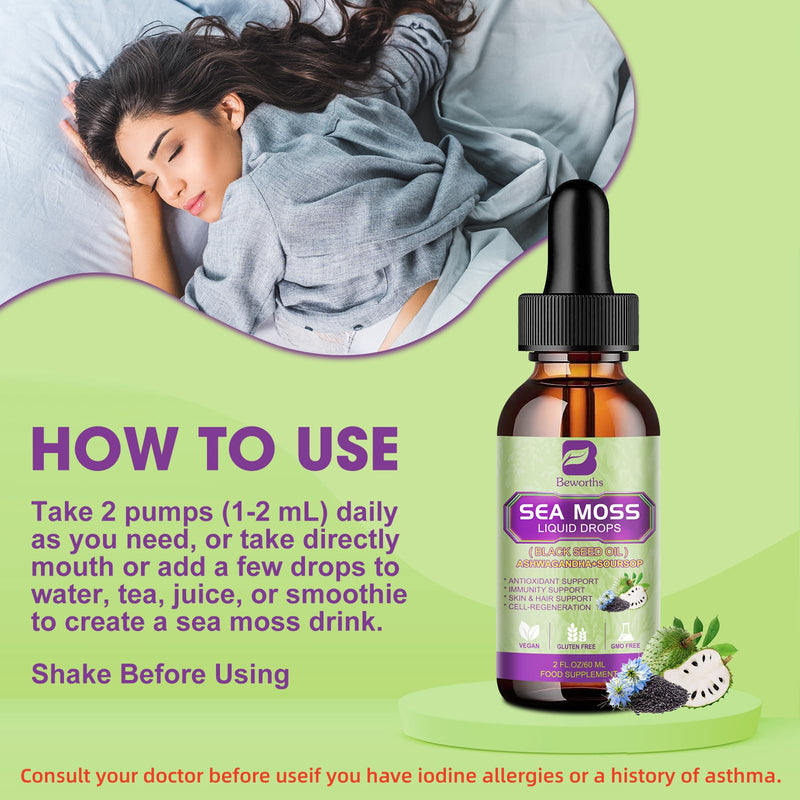 B BEWORTHS Sea Moss Liquid Drops with Black Seed Oil, Ashwagandha, Soursop | Multimineral irish Seamoss Supplement with Bladderwrack, Burdock Root for Immune, Energy, Hair & Digestion Wellness - Vegan Soursop bitters 2 Fl Oz (Pack of 1)