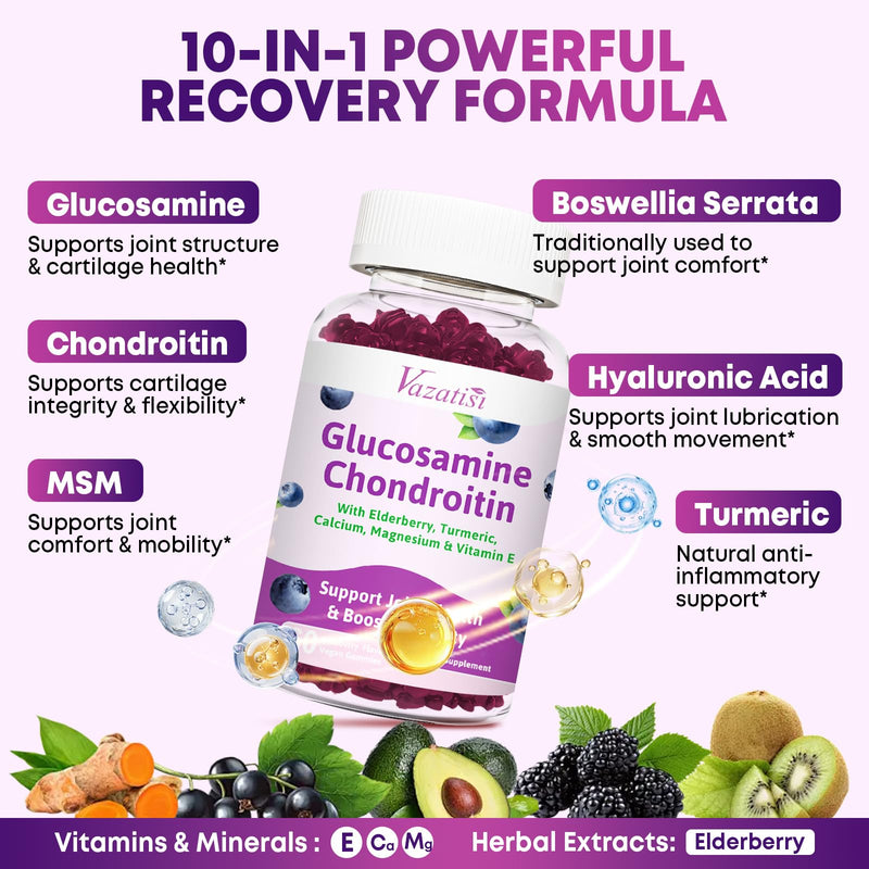 2 Pack Glucosamine Chondroitin Gummies - Glucosamine Chondroitin with MSM, Elderberry, Turmeric, Joint Support Supplement for Adults, Men & Women - Blueberry Flavor, 120 Cts 60 Count (Pack of 2)