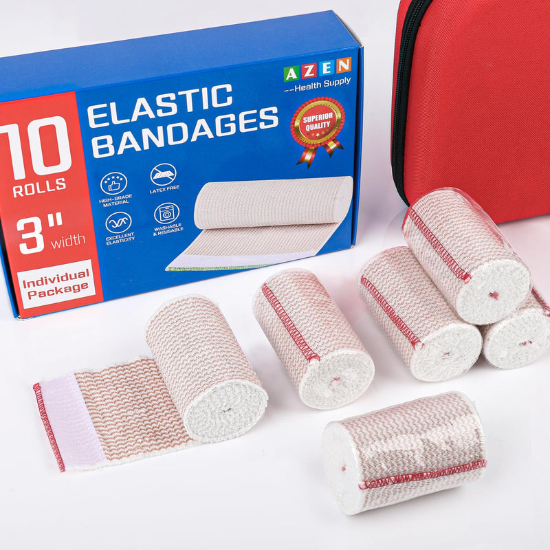 AZEN Premium 10 Pack Elastic Bandage Wrap 3 Inch, Compression Wrap Bandage for Legs, Ankle, Knee, Tummy, Body, Lymphedema Wraps for Legs, Latex-Free B-10p(3in)