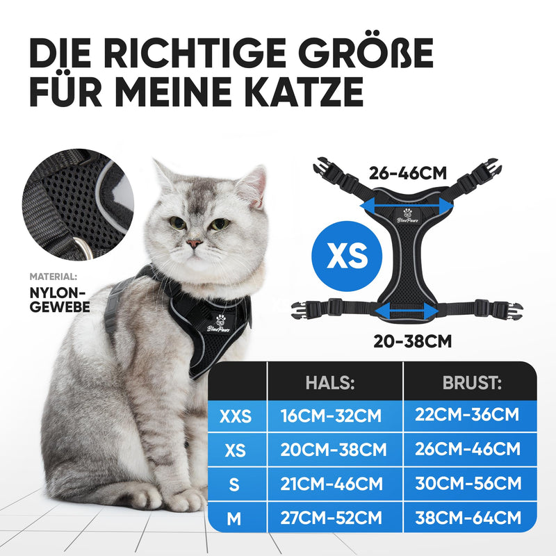 Blue Pawz cat harness with leash - 170cm | Cat harness escape-proof & high quality | Cat leash with harness for cats | Cat harness for unforgettable moments (XS), black XS - BeesActive Australia