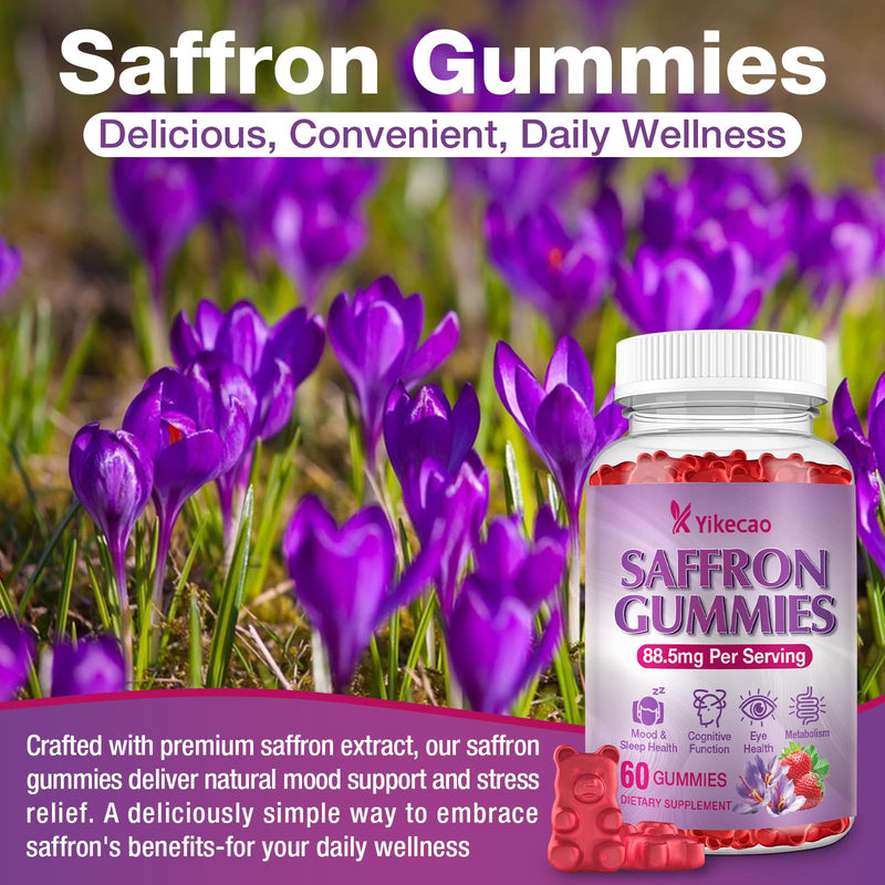 Saffron Supplements Gummies, 88.5mg Extract with Vitamin D3, B6, Magnesium, Ashwagandha, L-Theanine, Sugar-Free, Strawberry Flavor, 60 Count 1pack