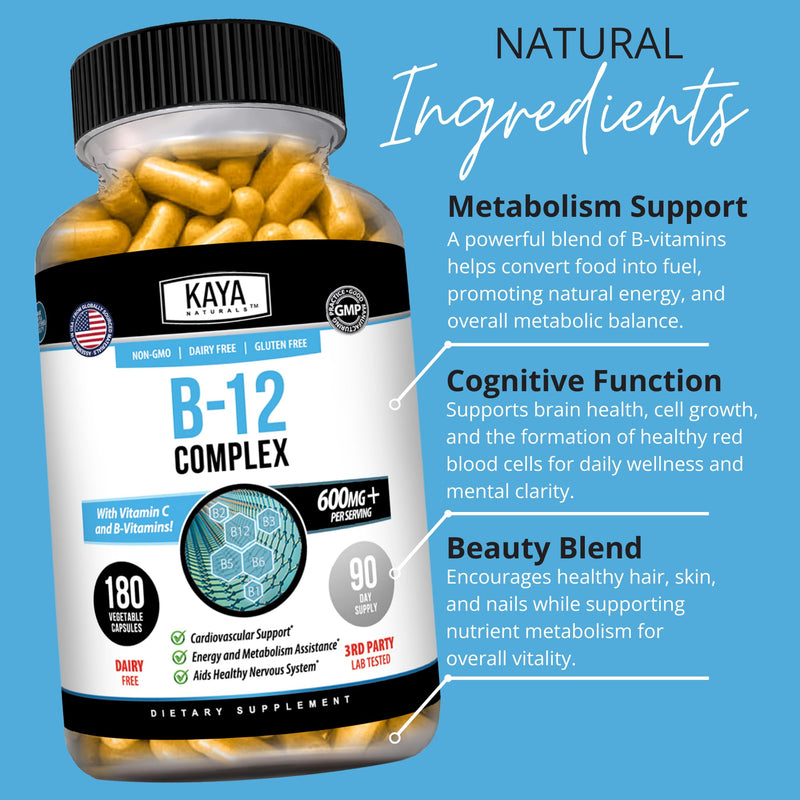 Kaya Naturals B-12 Complex Multivitamin for Women & Men, 180 Count | Energy and Metabolism Booster, With Biotin, Choline, Inositol, Folate and Vitamin C 180 Count (Pack of 1)