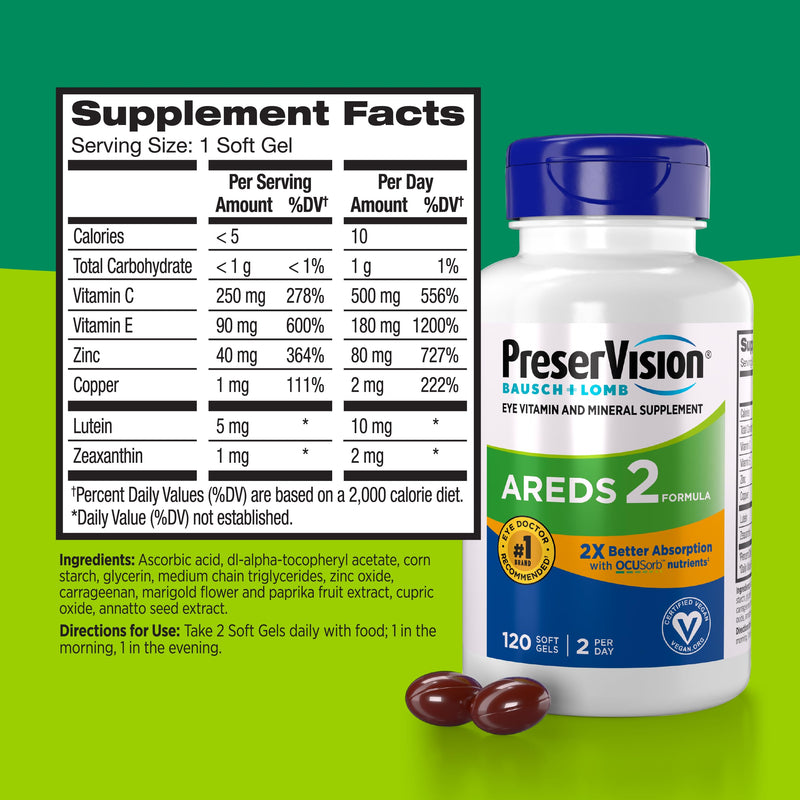 PreserVision AREDS 2 Eye Vitamins OCUSorb Formula, 120 Softgels | Lutein & zeaxanthin, macular support* Vitamins, vegan soft gels, Vitamin C, E, Zinc, Copper, eye health for adults Vegan AREDS2 120 Count (Pack of 1)