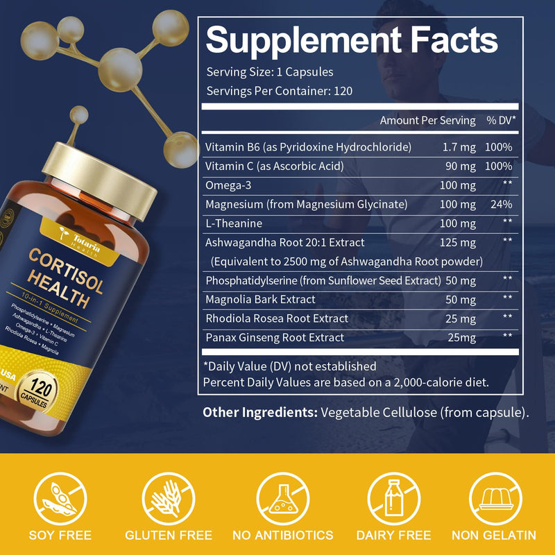 Totaria Cortisol Supplement for Women 120 Vegan Capsules Hormone Balance | with Ashwagandha,Magnesium,Rhodiola Rosea,L Theanine Mood, Focus, Sleep Support (Pack of 1) 120 Count (Pack of 1)