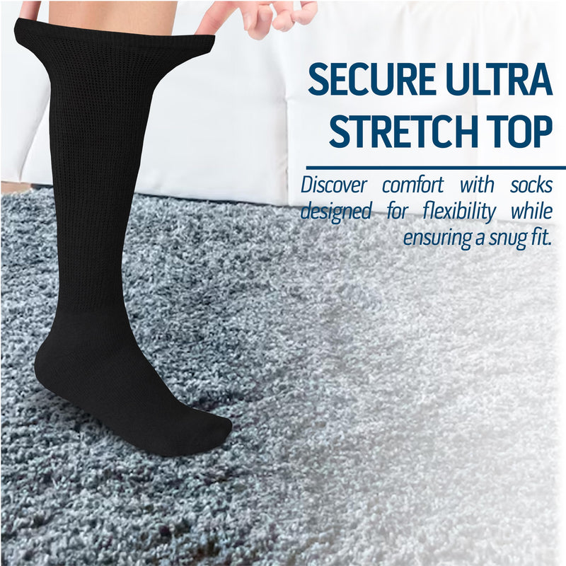 6 Pairs Diabetic Socks Over The Calf - Knee High Premium Cotton Socks Men's Size 10-13 Big & Tall Size 13-16 6 Pairs Black