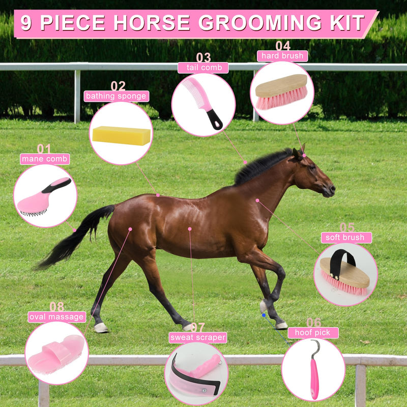 9 Pieces Horse Grooming Kits, Horse Brush Set with Tote Bag, Horse Bathing Supplies Sweat Scraper Bathing Sponge, Hoof Pick, Curry Comb for Horse Riders Beginners(Pink) Pink - BeesActive Australia