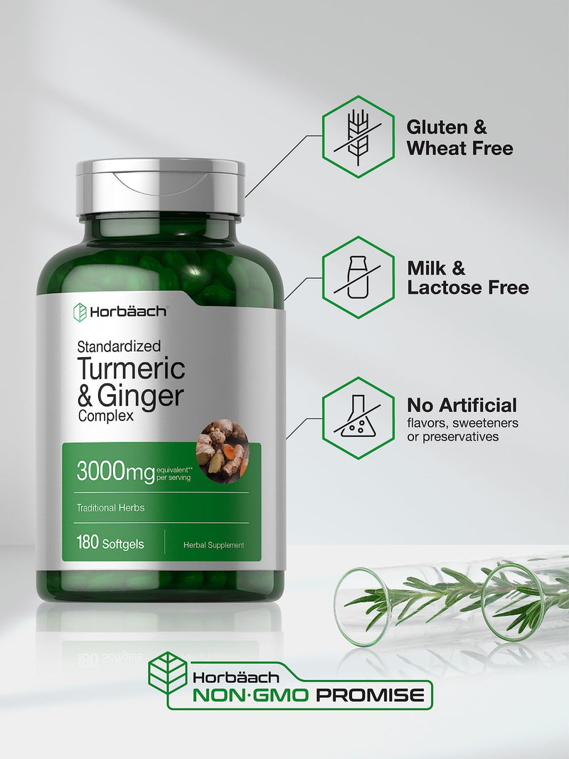 Horbäach Turmeric and Ginger Supplement | 3000 mg 180 Softgel Pills | with Black Pepper Extract | Non-GMO, Gluten Free Supplement - BeesActive Australia