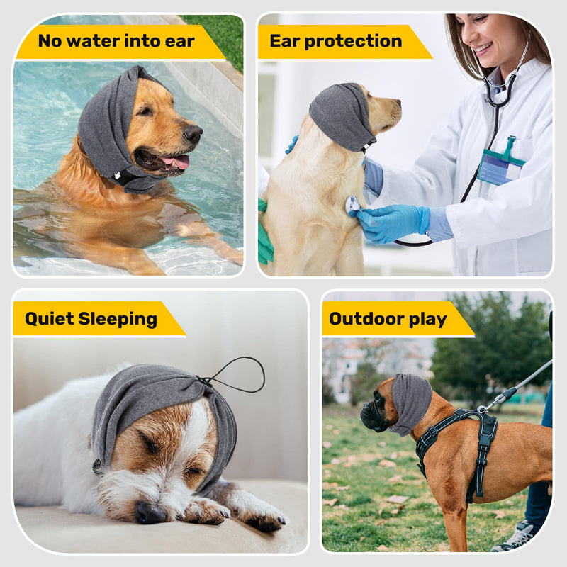 Ear Cover Wraps for Dogs Bath Grooming Drying Swimming, Dog Ear Muffs Noise Protection Winter,Adjustable Dog Calming Hoodie for Hematoma Anxiety Firework Thunder Warm Sleeping Shower Cap (MG) Deep Grey Medium
