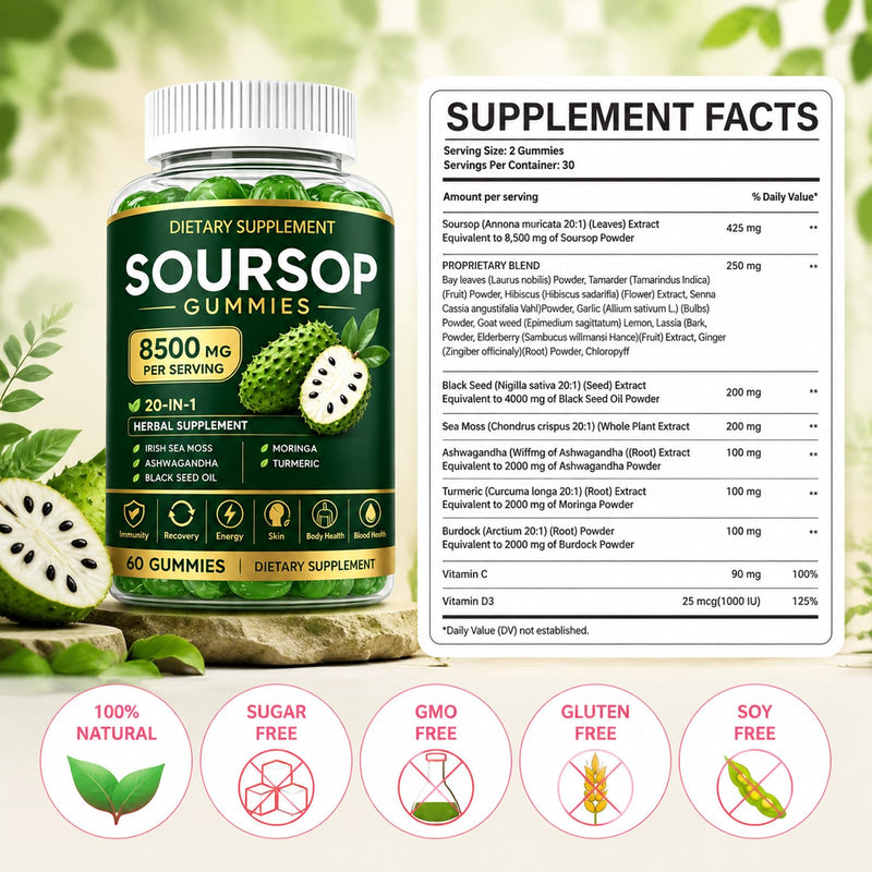 Soursop Gummies with Graviola Leaf Extract, Vitamin C & Zinc - Immune Support, Antioxidant & Calming Relief - Non-GMO, Sugar Free, Gluten Free, Vegan, 60 Count