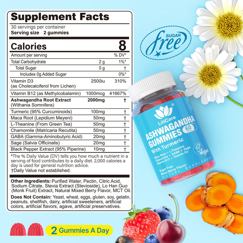 Ashwagandha Gummies Supplements 2000mg for Women Men - Vegan, Sugar Free | w/ Vitamin D3, B12 & Turmeric, Organic Ashwagandha Root Extract Supplements Gummy, 10-IN-1 Formula, Mixed Berry Flavor, 120ct