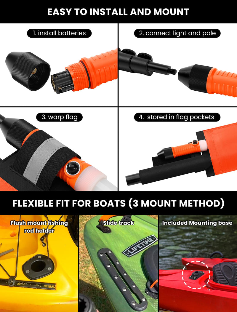 Affordura Kayak Lights with Orange Flag Pole Kit 55.5" Height White LED 360 Light Battery Powered Boat Navigation Lights for Night Kayak Fishing and Paddling, Perfect Kayak Accessories Gadgets