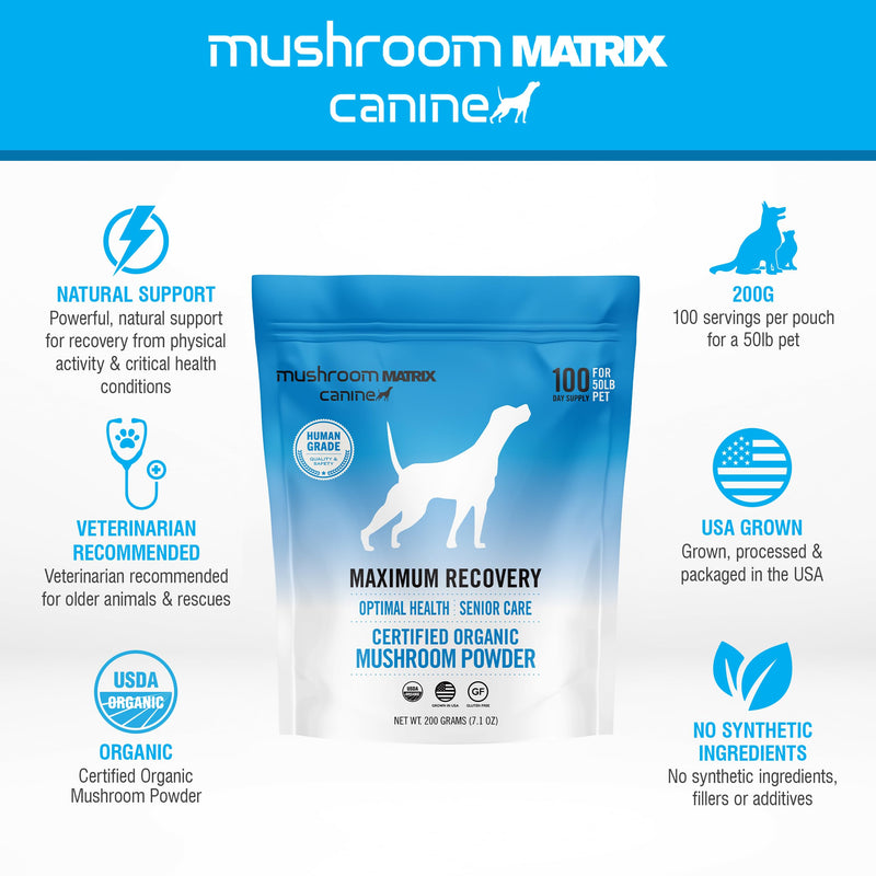 Om Mushroom Matrix Maximum Recovery Mushroom Pet Supplement Powder, Supports Optimal Health & Senior Care for Dogs & Cats, 200 Grams, 7.1 oz 200 gram pouch - PawsPlanet Australia