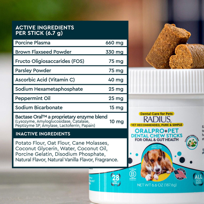 RADIUS OralPro+ Dog Dental Chew Sticks - Enzyme-Powered Plaque and Tartar Remover with Gut Health Prebiotics - Natural Vanilla Fresh Breath Treats for Dogs - 28 Count (Pack of 1)