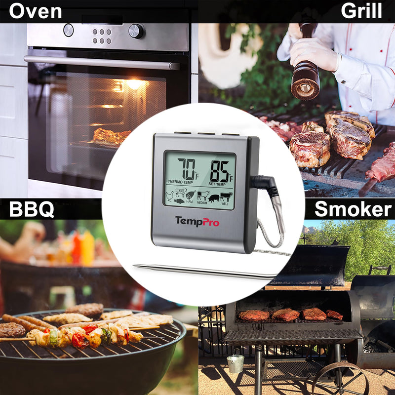 TempPro TP16 Large LCD Digital Cooking Food Meat Thermometer for Smoker Oven Kitchen BBQ Grill Thermometer Clock Timer with Stainless Steel Temperature Probe(Previously ThermoPro) Light Silver - BeesActive Australia