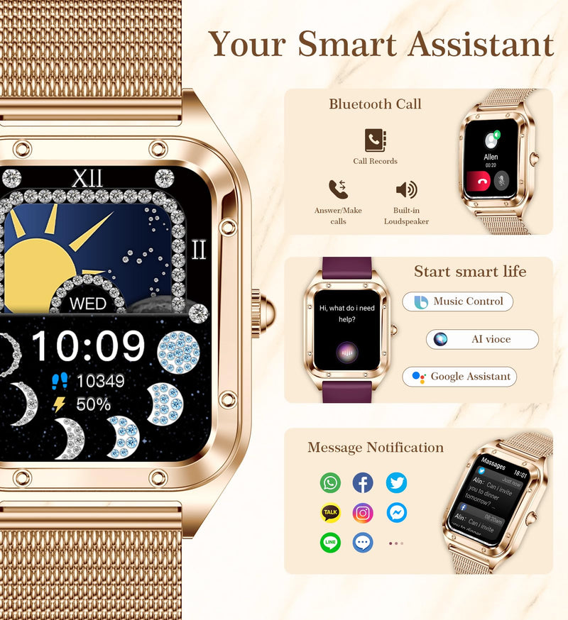 Smart Watch for Women, 1.6'' Bluetooth Call(Answer/Dial), Activity Fitness Tracker with Heart Rate/Sleep Monitor 100+ Sports Pedometer AI Voice, Smartwatch for Android iPhone Compatible (Rose Gold) gold03