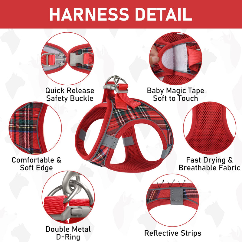 GAMUDA Small Dog Harness Collar and Leash Set, Step in No Chock No Pull Soft Mesh Adjustable Dog Vest Harnesses Plaid Reflective for Dogs Puppy Cats Kitten Rabbit (Red, S) Red - BeesActive Australia