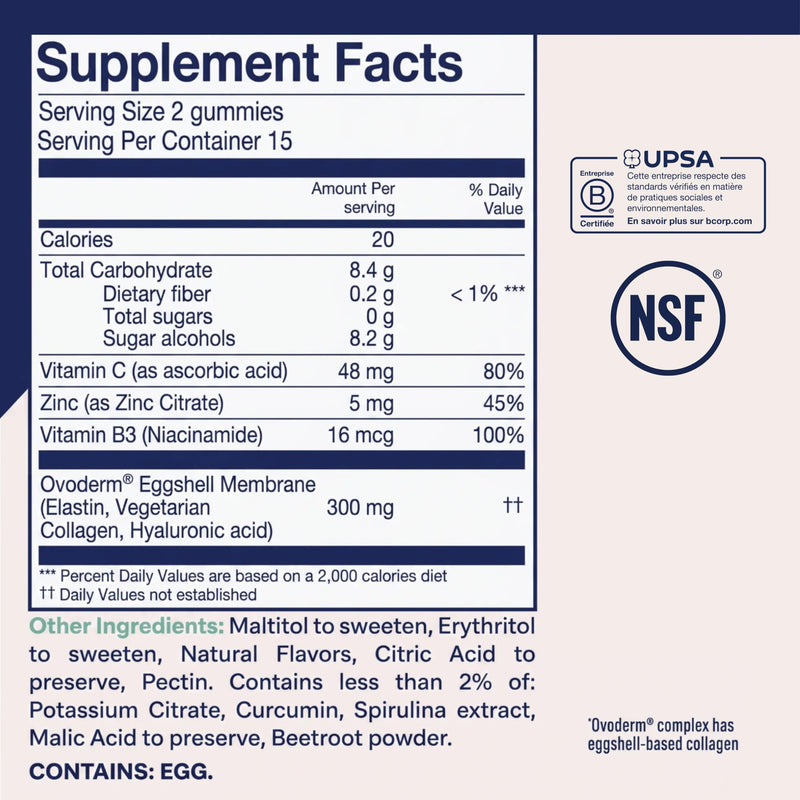 Upsa Nourished Collagen Skin Glow 30 Count – Ovoderm® Egg Membrane Complex with Vitamin C, Niacinamide & Zinc – for Elastic Skin – Sugar-Free Vegetarian Gummies – Plastic-Free Biodegradable Packaging