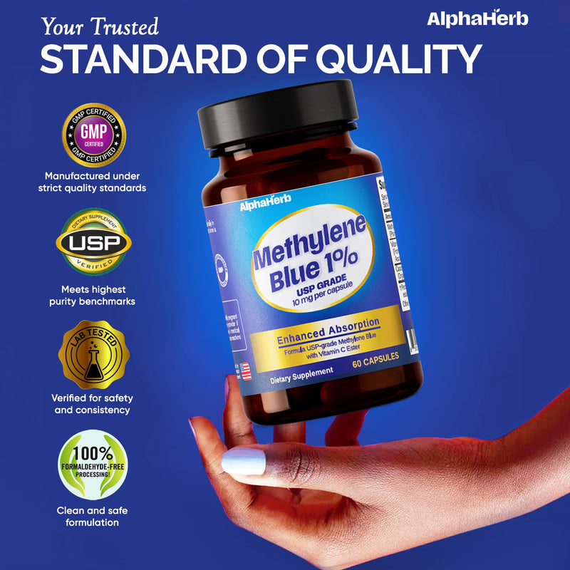Methylene Blue Pharmaceutical Grade, USP Grade – Enhanced Absorption with Vitamin C Ester & Cacao Powder – Energy, Antioxidant Support & Cognitive Focus – 60 Methylene Blue 1% Vegan Capsules Capsule