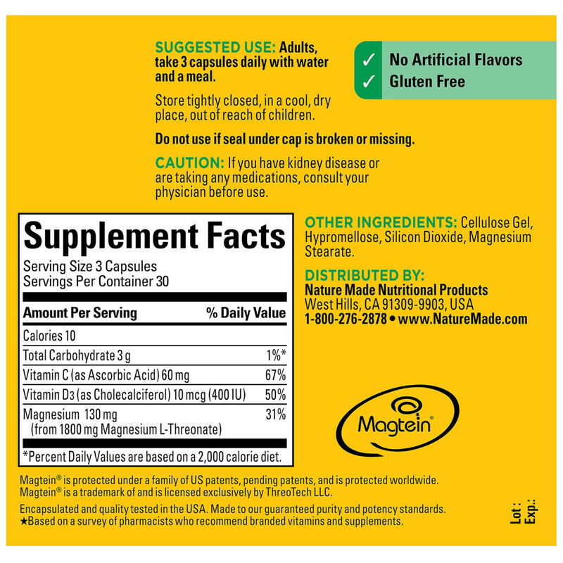 Nature Made Magnesium L-Threonate with Vitamin C & Vitamin D3, 90 Capsules | Provides 130 mg of Mag from 1800 mg Magnesium L Threonate, Cognitive Support Magnesium Supplement, 30 Day Supply 90 Count (Pack of 1)