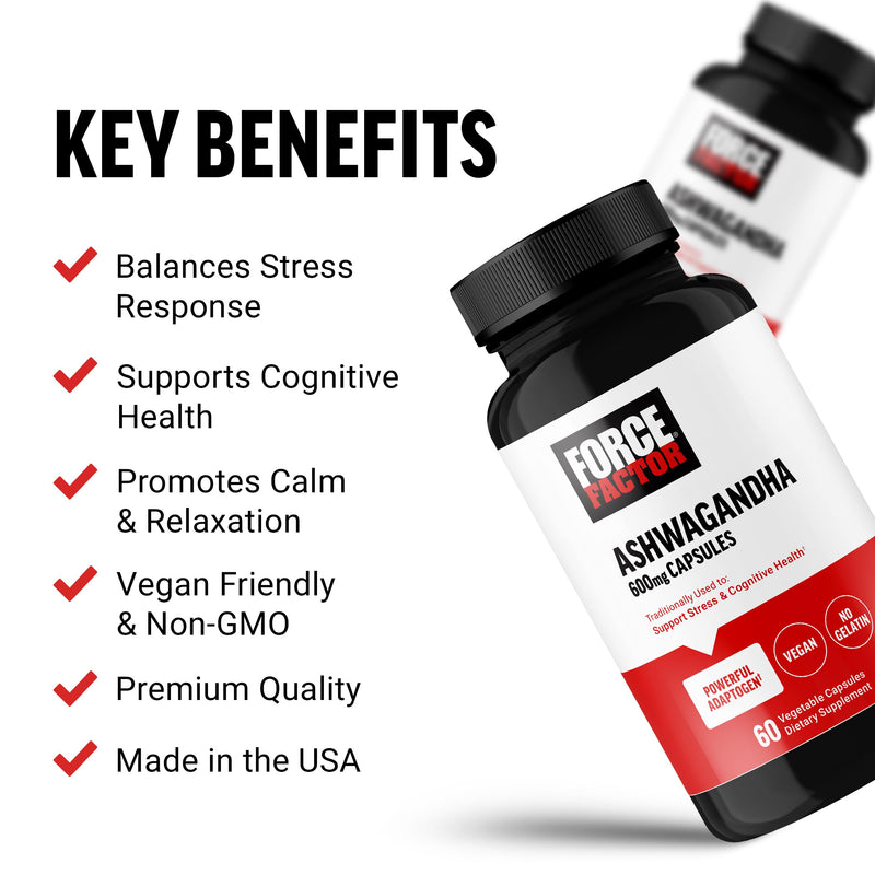 Force Factor Ashwagandha Supplements, 600mg Per Serving | Made with Premium Vegan Ashwagandha Powder, Adaptogens to Support Stress & Cognitive Health, Non-GMO, 60 Capsules