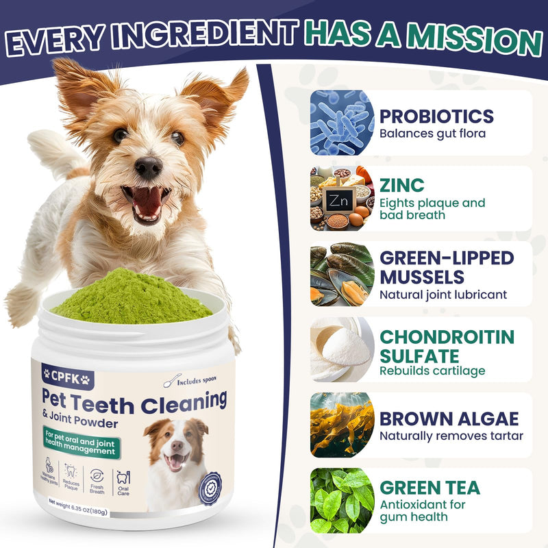 Dental Cleaning Joint Powder for Dogs - 6.35OZ Dog Dental Cleaning Powder with Probiotics to Lighten Bad Breath and Control Plaque Tartar Supports Dog Dental Care and Joint Health 6.35 Ounce