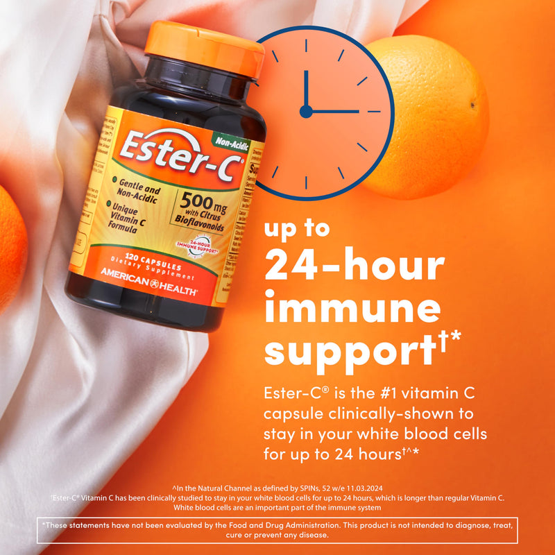 American Health Ester-C with Citrus Bioflavonoids Capsules - 24-Hour Immune Support, Gentle On Stomach, Non-Acidic Vitamin C - Non-GMO, Gluten-Free - 500 mg, 60 Count, 30 Servings 60 Count (Pack of 1)