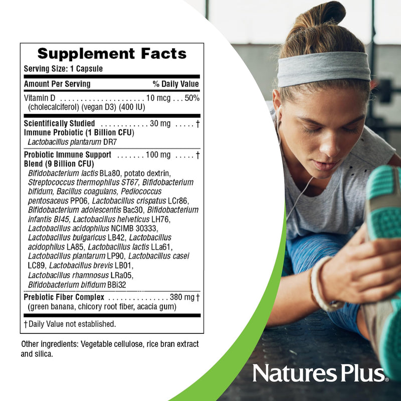 NaturesPlus Immune Probiotic - 30 Capsules - 10 Billion CFU - Respiratory & Gut Health, Immune Support - With Prebiotic Fiber - Non-GMO, Vegan, Gluten Free - 30 Servings