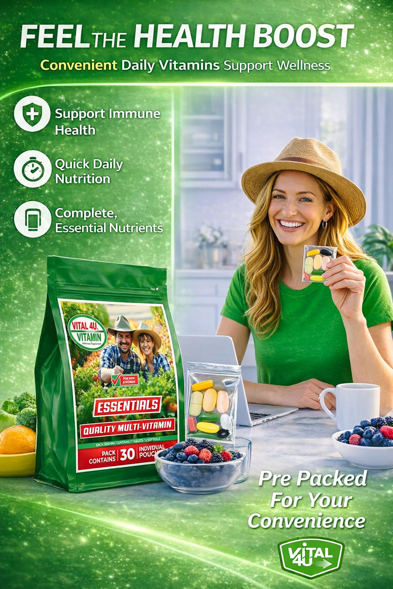 VITAL 4U Vitamin Essentials Daily Multivitamin Packs for Men and Women, 30 Servings | Essential Vitamins, Minerals, Immune Support and Energy Metabolism Support