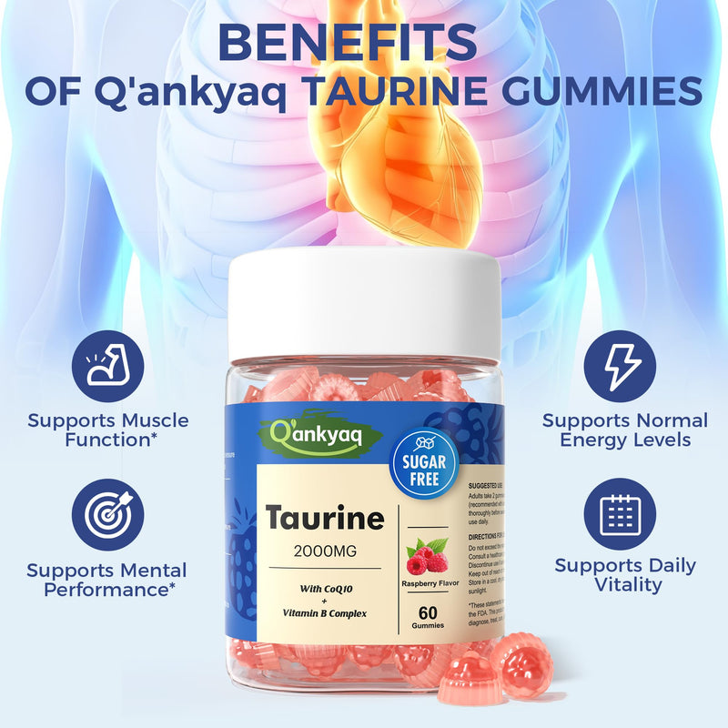 Q'ankyaq Taurine 2000mg Gummies Supplement, with CoQ10, Sugar Free, 60 Cts | 2000mg Taurine Gummies, CoQ10 + B-Vitamin Synergy, No Caffeine & Sugar Free, Clean Energy Support, Easy to Take for Adults