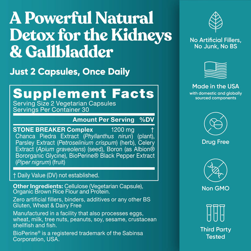 Chanca Piedra Stone Breaker - The Original Stone Breaking Formula with Celery Seed & Parsley - Supports Kidney, Gallbladder & Urinary Tract Cleansing to Help Flush Impurities - 60 Vegetarian Capsules 60 Count (Pack of 1) - BeesActive Australia
