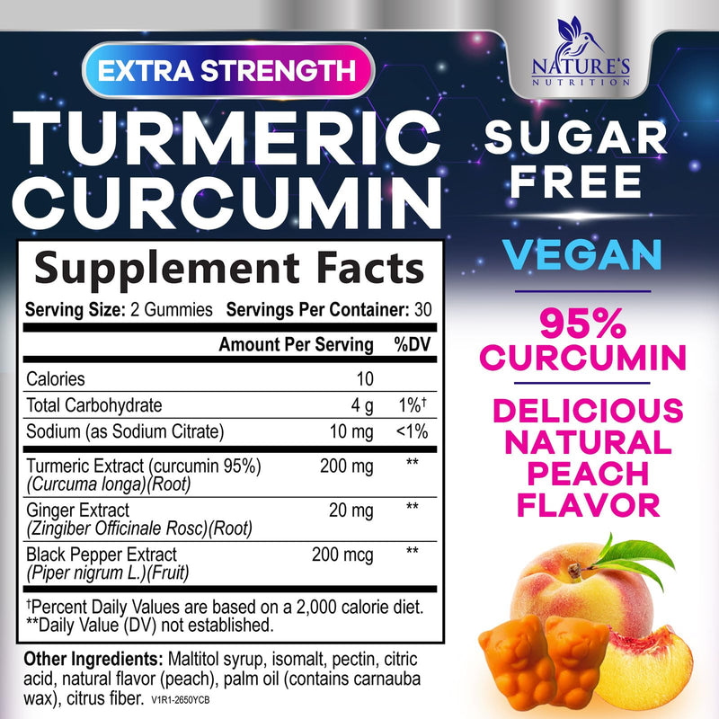 Turmeric Curcumin Gummies Sugar Free Supplement - 95% Curcuminoids with Turmeric & Ginger, Black Pepper for Best Absorption, Nature's Vegan Joint Support, Non-GMO, Tasty Peach Flavor - 60 Gummies