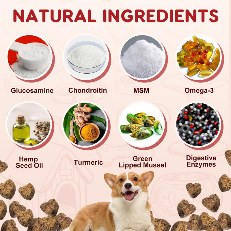 Glucosamine for Dogs, Joint Supplement for Dogs with Chondroitin, MSM, Omega-3, Turmeric and Vitamins for Pain Relief, Dog Joint Supplement with Calcium and Phosphorus for Bone Health, 120 Soft Chews 120 count