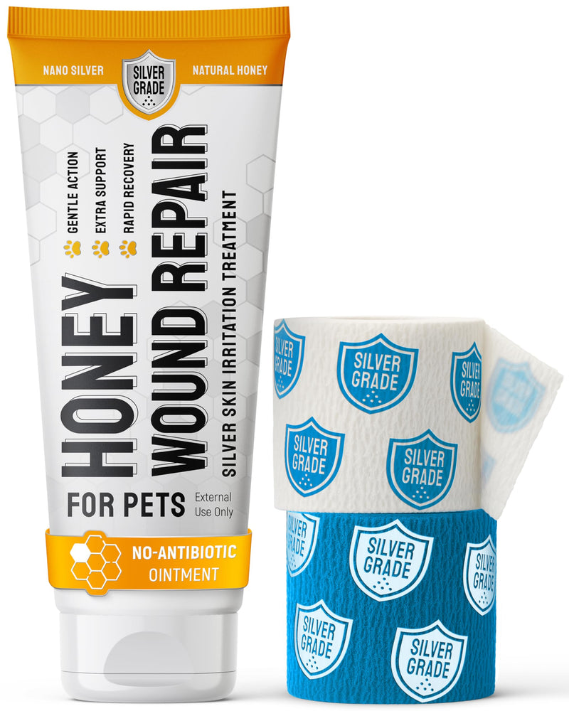 Hot Spot Treatment For Dogs & Cats to Help with Scratches, Cuts, Bites – Set of Honey Wound Repair Ointment in Gel Form + 2 Bandages – Horse & Dog Wound Care with Silver & Honey – All Pets Care – 2 Oz Honey gel - 2 Fl Oz